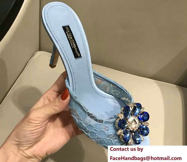 Dolce & Gabbana Heel 7cm Slippers Light Blue In Lace With Crystals 2018